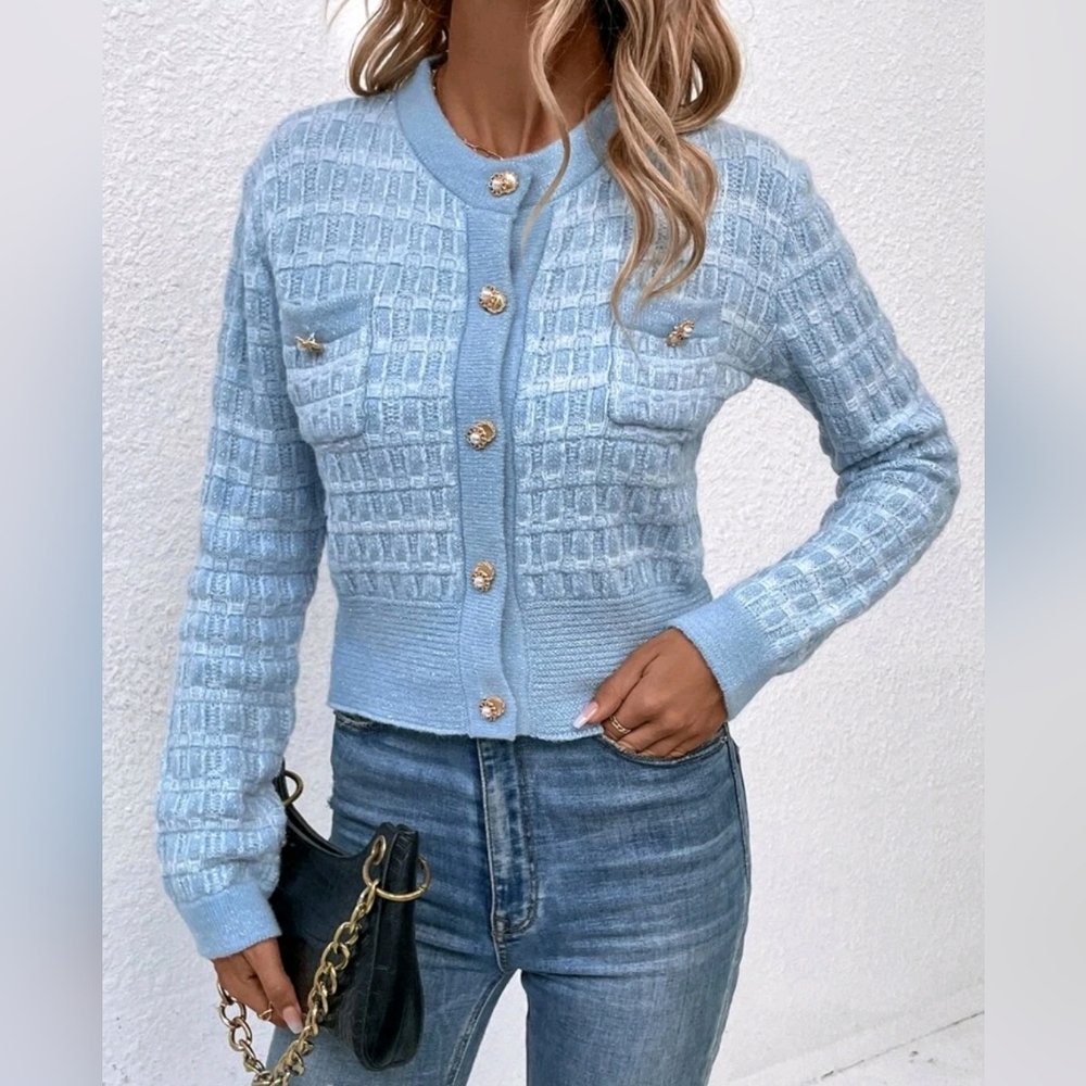 New Chic Tweed Knit Button Up Crop Cardigan Sweater Top Jacket Blue Gold - Picture 5 of 7
